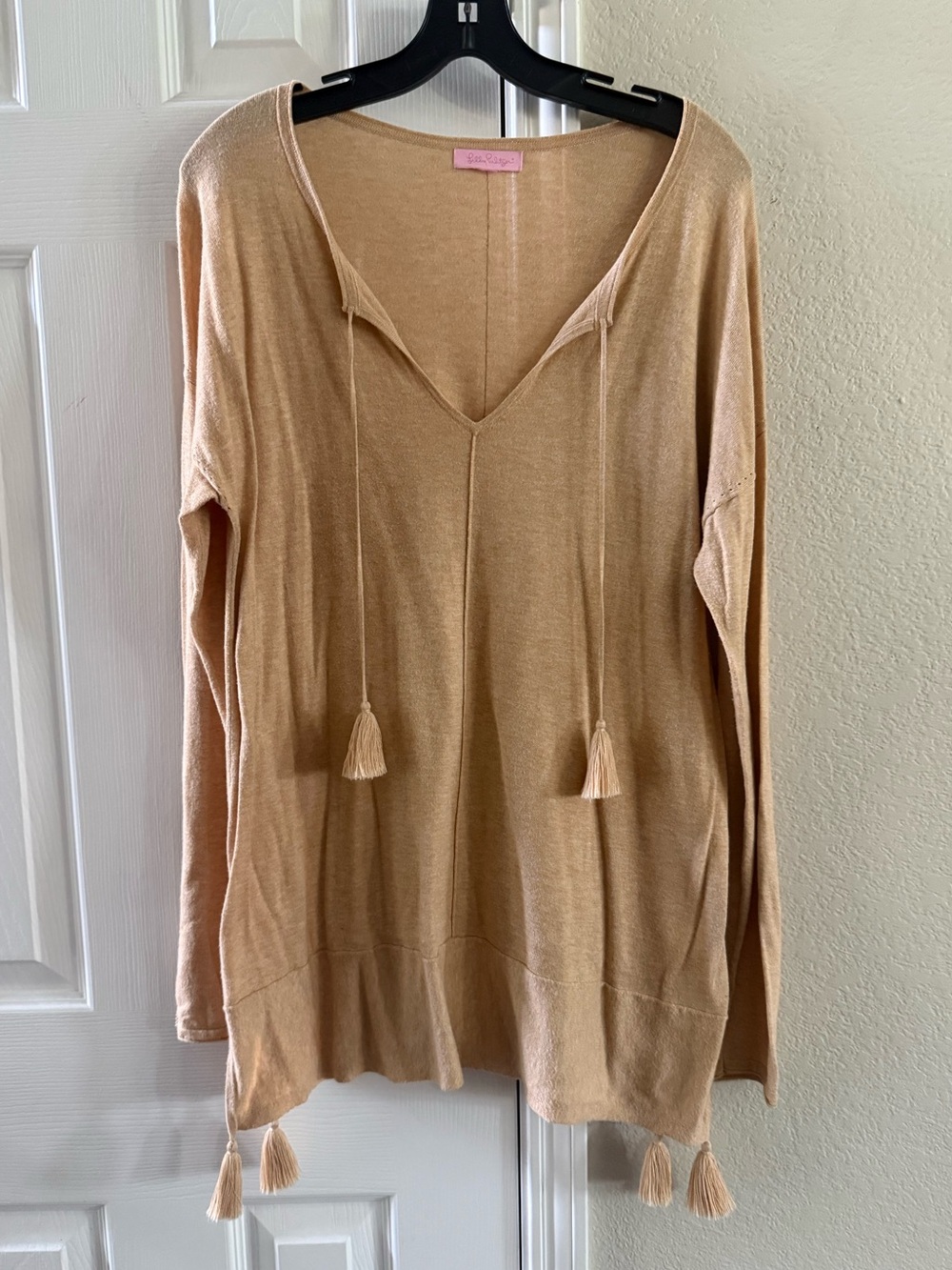 Lilly Pulitzer Tan V-Neck Tassel Tie Blouse